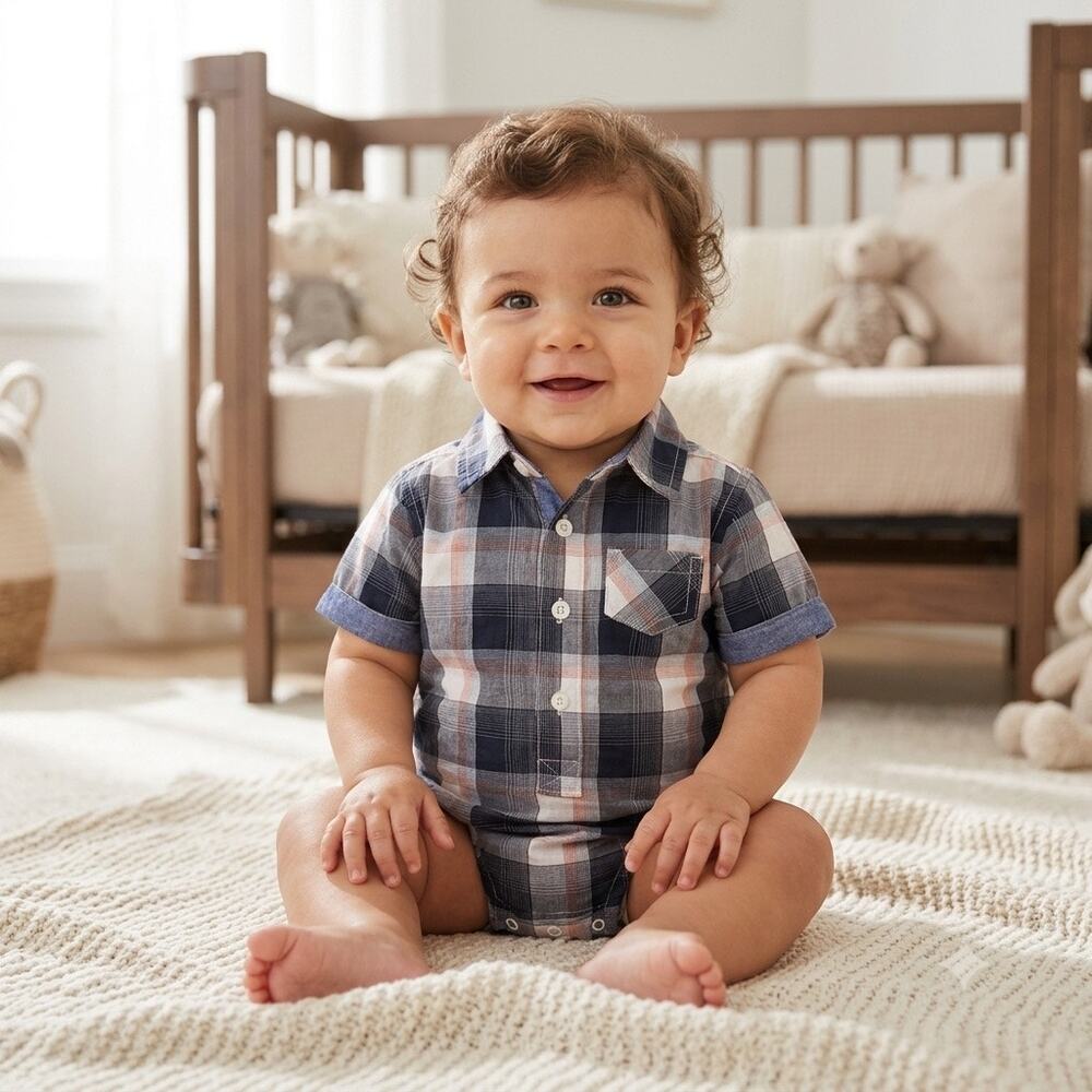 Ben Sherman Baby Plaid Short Sleeve Shirt OnePiece Snap Bodysuit Navy Red 6-9M